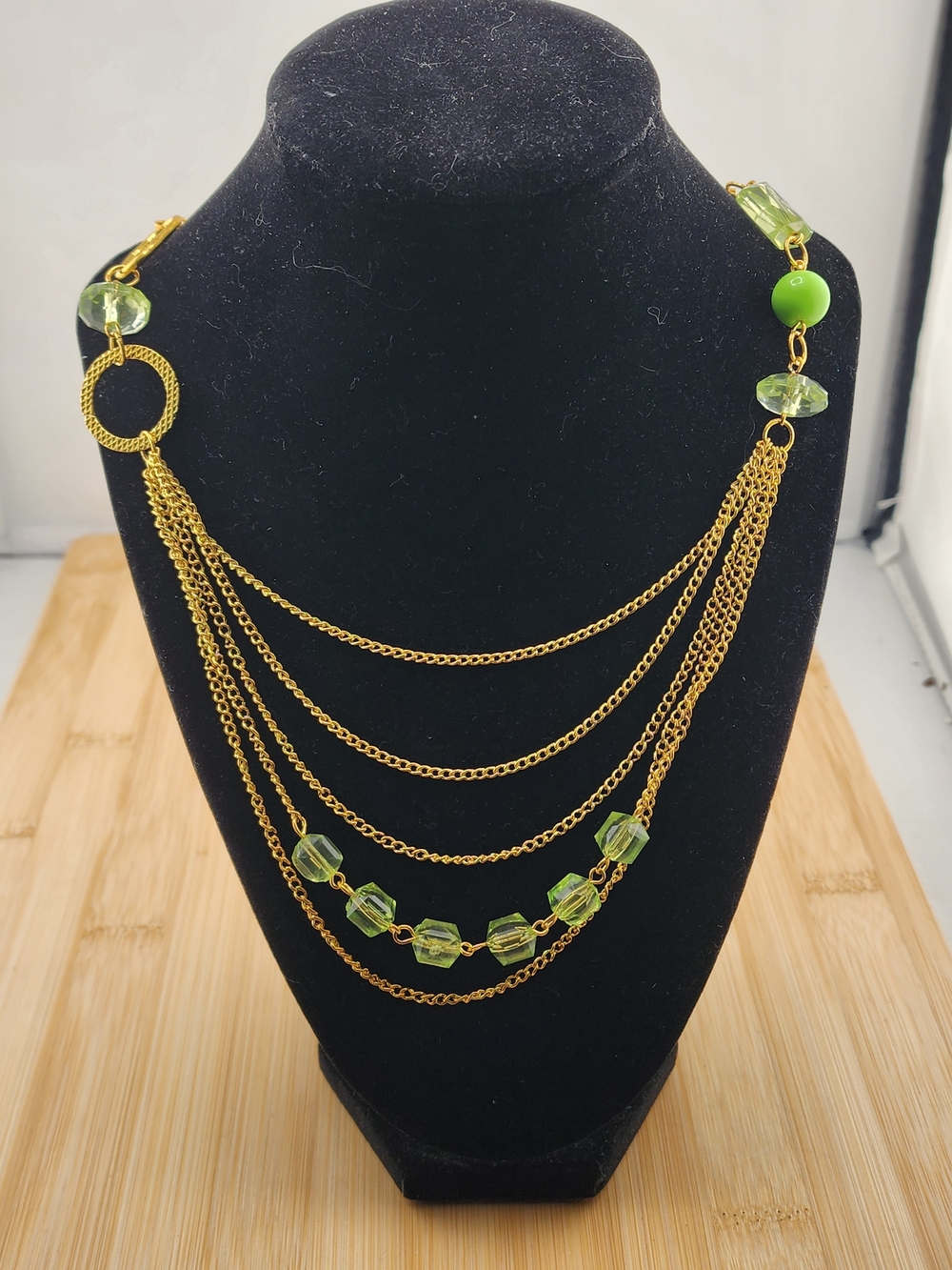14in Gold Tone Multi-Strand Necklace with Acrylic Green Beads 0669